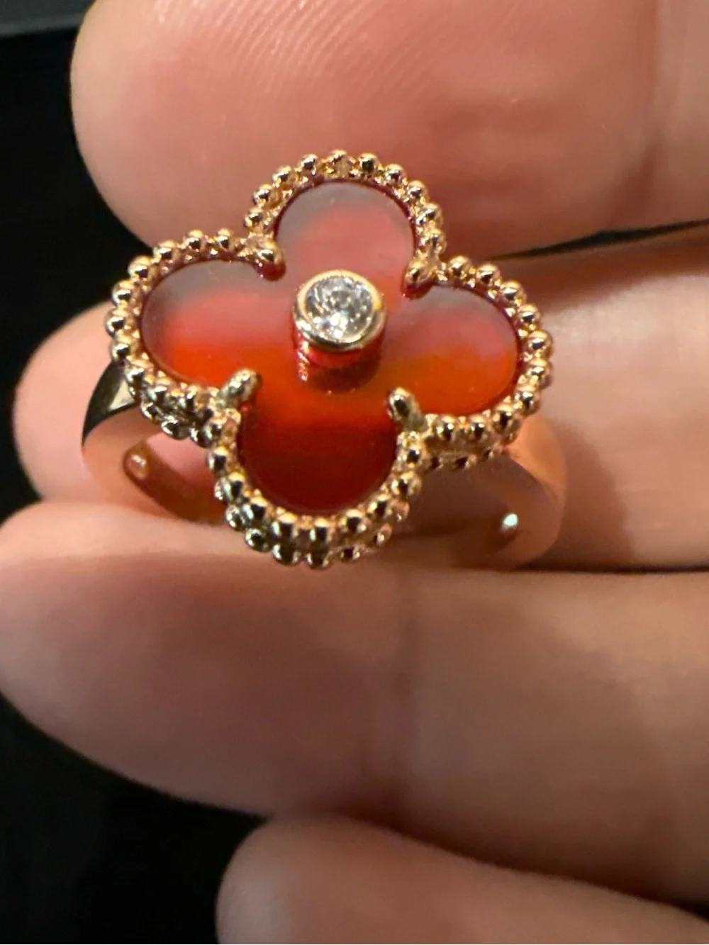 Red Agate Four-Petal Clover Ring with Gold Accents